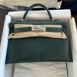 Brand new hermes mini Kelly lizard vert cypress palladium hardware 2023